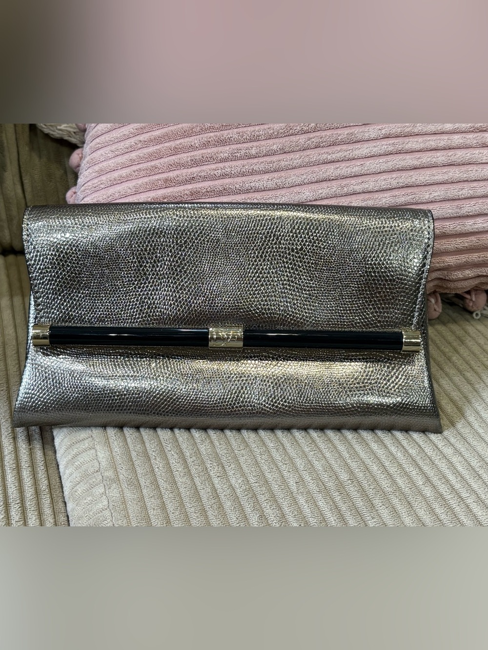 Diane Von Furstenberg 440 Envelope Clutch Purse Silver Pewter Snake Leather